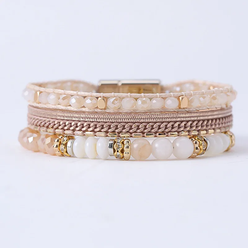 

DIEZI Multilayer Natural Stone Khaki Wrap Bracelets For Women 2019 New Gift Magnet Buckle PU Leather Crystal Bracelets Bangles