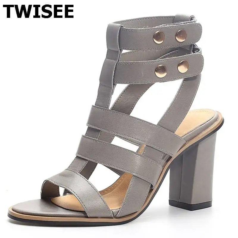 New Summer Lady Strappy Platform Block Heel Chunky Pure Buckle Leather Peep Toe Ankle High 