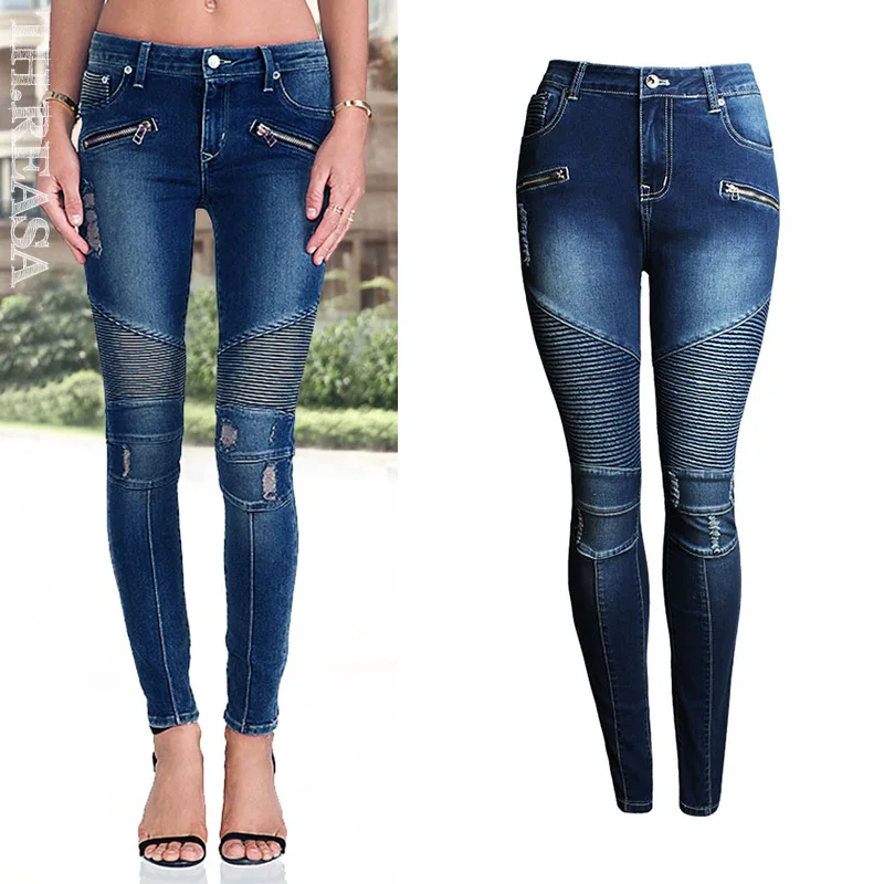 New Biker Blue Jeans Women Motorcycle Skinny Pants Zip Mid High Waist Stretch Motor Jeans Female - AliExpress