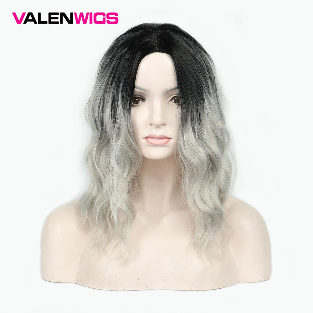 

ValenWigs Long Wavy Ombre Black Silver Grey Wigs For Women 16 Inch Middle Part Fashionable High Temperature Synthetic Fiber Wig