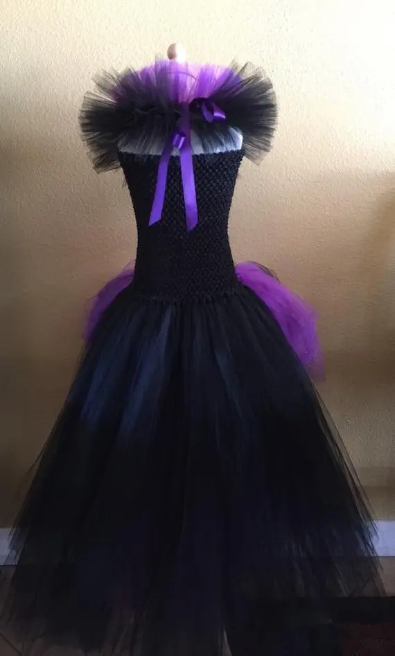 Шикарное фиолетовое и черное платье-пачка ведьмы для девочек для костюмированной вечеринки; вечерние платья Maleficent для девочек; одежда ведьмы на Хэллоуин