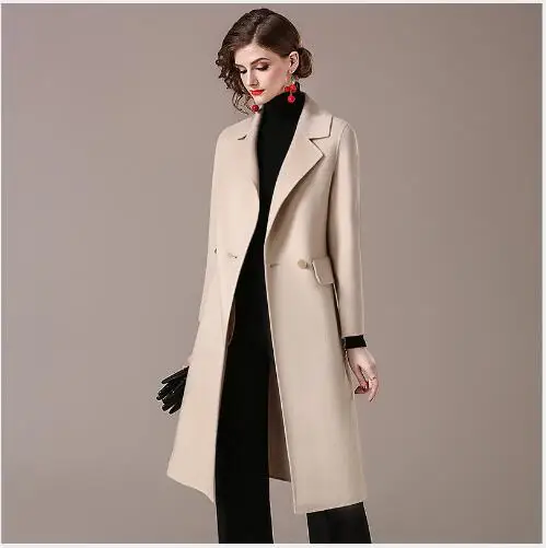 Шерстяное пальто для женщин Зимняя длинная куртка с секциями Двусторонняя кашемировая 2018 новая дамская мода отложной воротник Slim Fit
