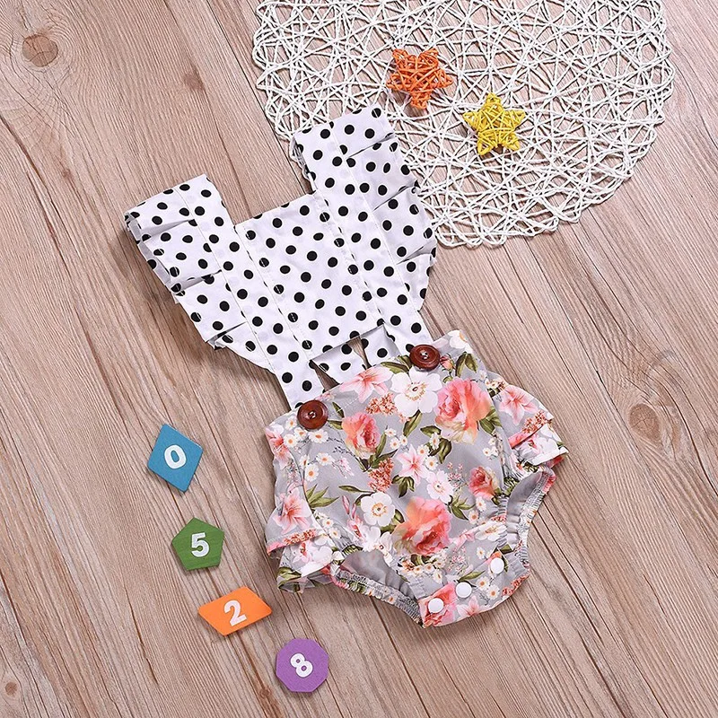 

0-24M Newly Summer Cute Infant Kids Baby Girls Boys Bodysuits Dot Floral Print Lace Ruffles Sleeve Jumpsuits
