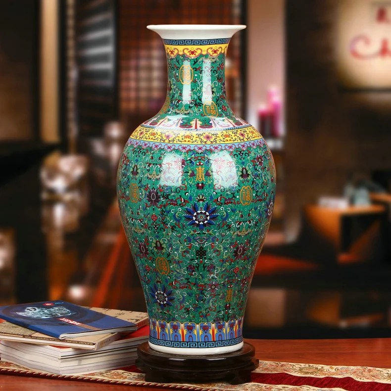Jingdezhen ceramic Chinese Enamel Porcelain Green Longevity Vase Modern