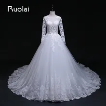 Real Picture Elegant 2016 Scoop Long Sleeves Tulle Lace Appliqued Wedding Dress A-Line Wedding Gown Bridal Dress FW11