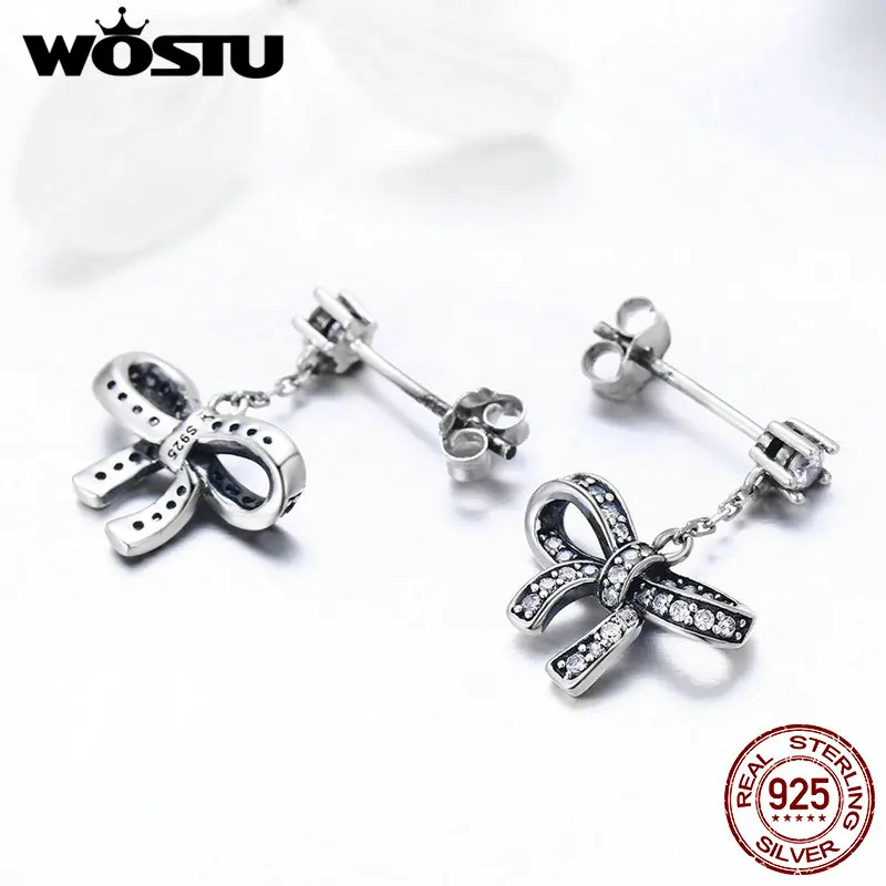 

WOSTU 925 Sterling Silver Lovely Bowknot Drop Earrings With Clear CZ For Women Original Authentic Luxury Fashion Jewelry FIE403