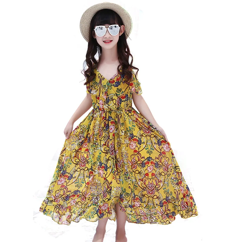 

Flowers Summer Little Girl Dress Beach Ball Gowns for Children 2017 Casual Yellow Dresses for Girls Age 12 Kids Clothing