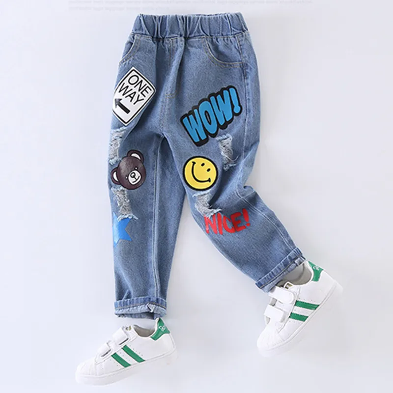1 Fall & Winter Boys Pants Cartoon Jeans Boy Jeans Ripped Broken Holes Kid Denim Pants Trousers Cotton Elastic Waist Boy Clothing