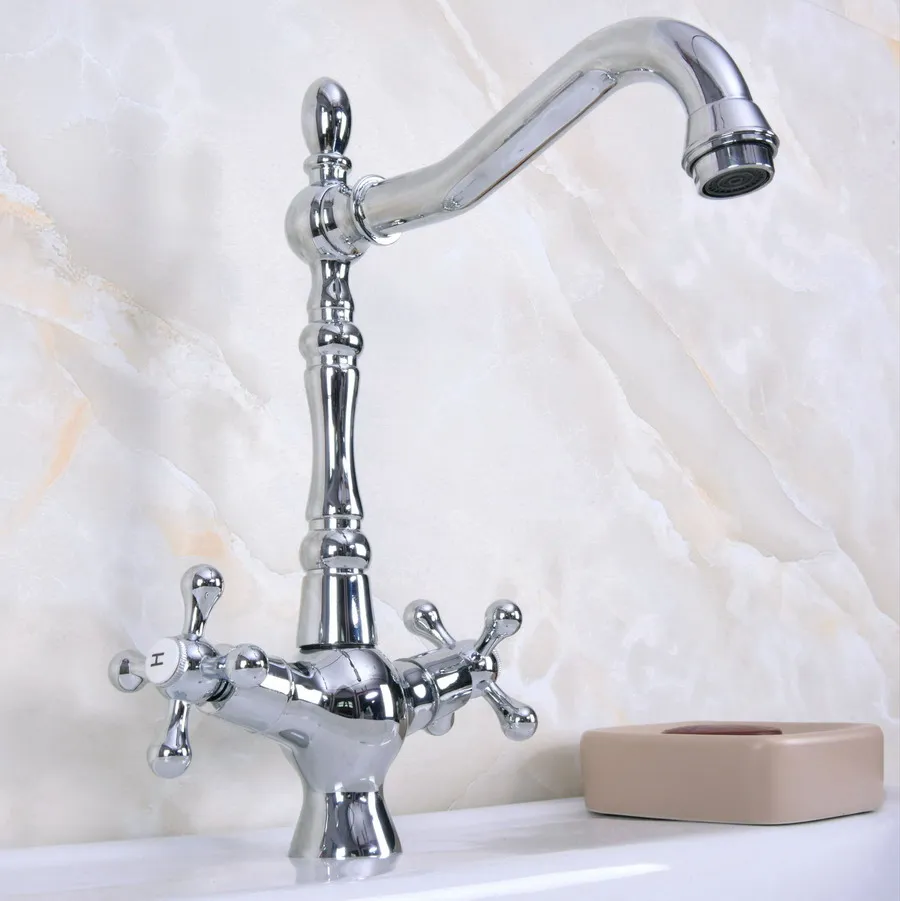 Deck Mounted Polished Chrome Brass Swivel Spout Double Cross Handles Kitchen/Bar Bathroom Sink Faucet Hot&Cold Mixer Tap anf920