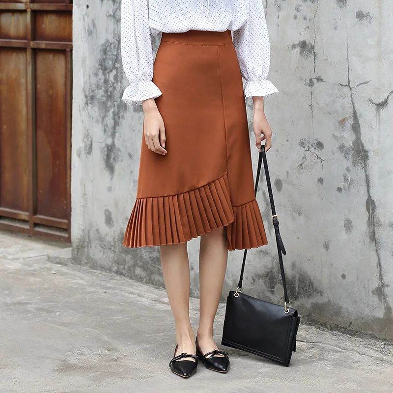 Yichaoyiliang 2017 Khaki Asymmetrical Patchwork Midi Skirts Pleated Hem