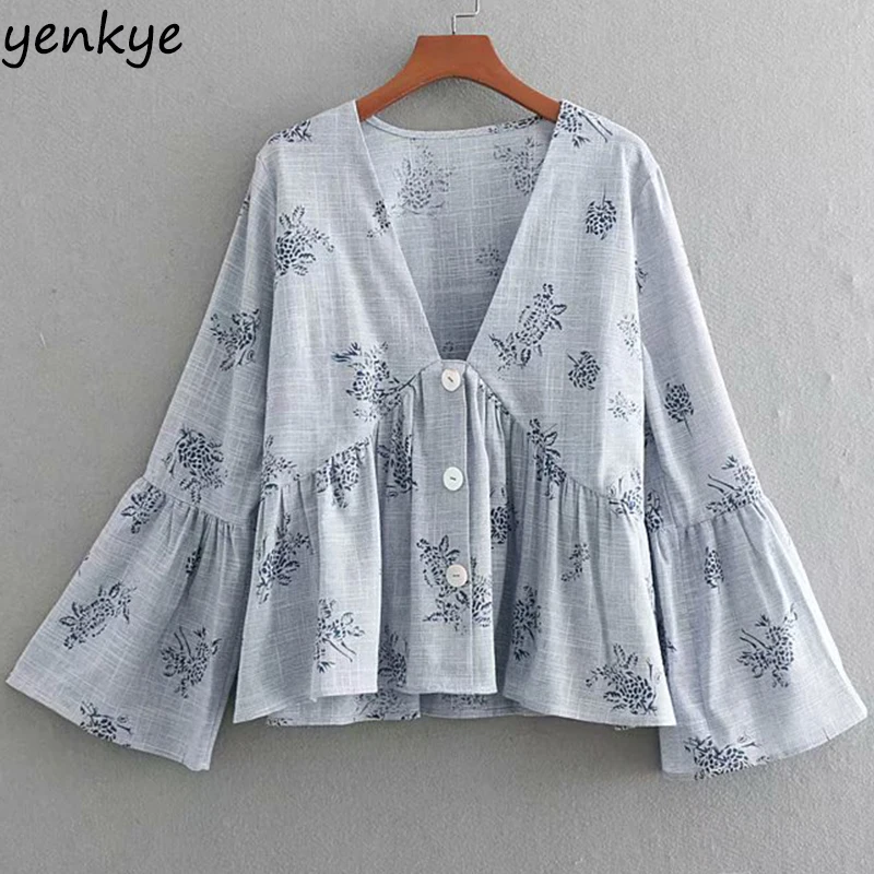 

Fashion 2019 Women Floral Print Blouse Lady Sexy V Neck Flare Sleeve Casual Plus Size Summer Tops brand blusas