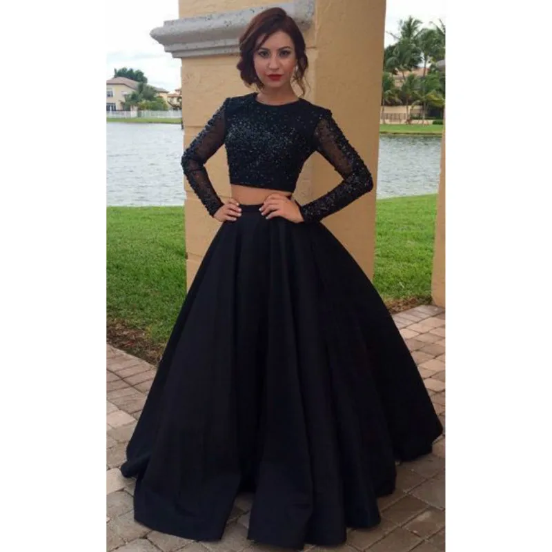 Long Sleeve Black Jewel Neck Satin 2 Pieces Prom Dresses 2017 Evening Gowns Vestidos De Baile