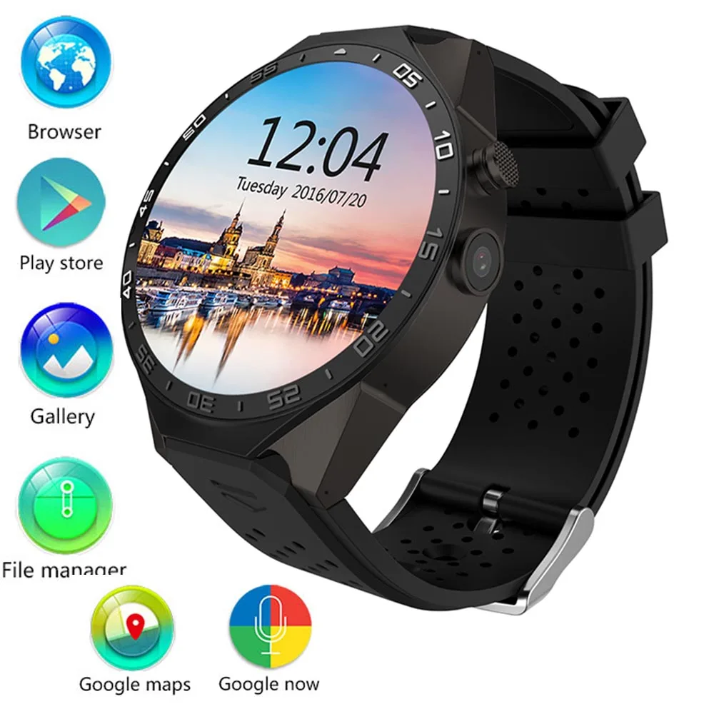 

Time Owner KW88 Android 5.1 Smart Watch Phone MTK6580 Quad Core 1.3GHZ ROM 4GB RAM 512MB 1.39 inch HD Screen with 2.0MP Camera