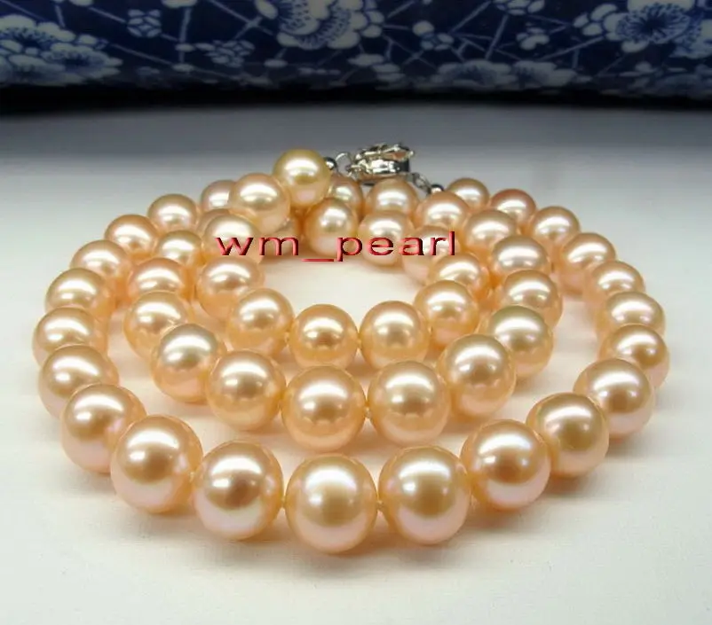 

AAAAA 18"10-11mm REAL NATURAL round south sea GOLD PINK pearl necklace gold