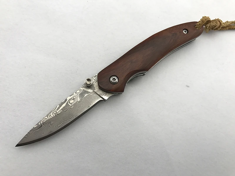 Классный карманный мини-нож с маленькой деревянной ручкой, брелок для ключей, портативный инструмент для повседневного использования, охотничий нож, складной нож для выживания, дамасское лезвие