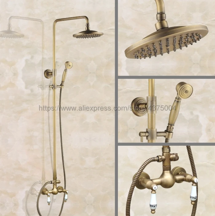 Antique Brass Bathroom Rainfall Shower Faucet Set Mixer Tap With Hand Sprayer Wall Mounted Nan103