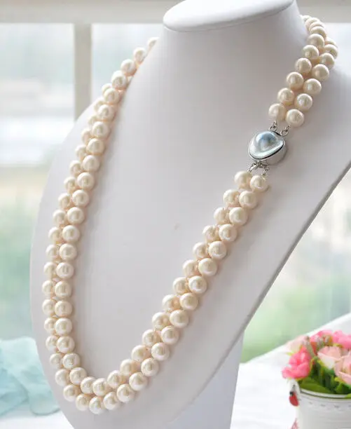 

~! New 2row 9-10mm white akoya round white PEARL necklace mabe 19-20 AAA WW