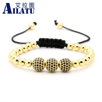 

Ailatu Fashion Jewelry High Quality 6mm Copper Beads Three 10mm Black Cz Ball Bead Braiding Macrame Bracelet