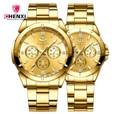 

CHENXI Lovers Multi-function Quartz Watches Women Men Gold WristWatches Top Brand Luxury Female Male Clock IPG Golden Steel