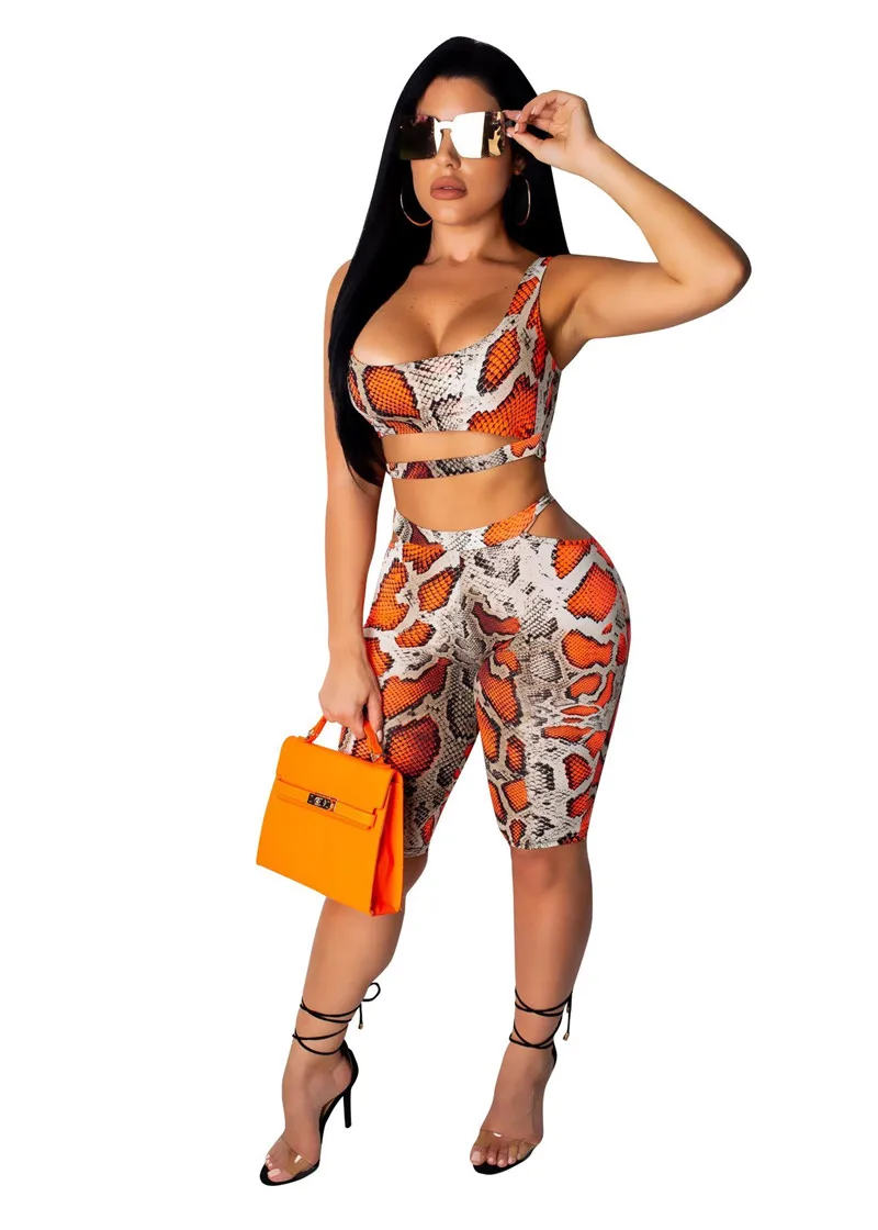 Sexy SnakeSkin Print Two Piece Sets Women Sleeveless Tank Crop Top and Knee-length Pants Cut Out Streetwear Matching Set Outfits Sexy SnakeSkin Print Two Piece Sets Women Sleeveless Tank Crop Top and Knee-length Pants Cut Out Streetwear Matching Set Outfits