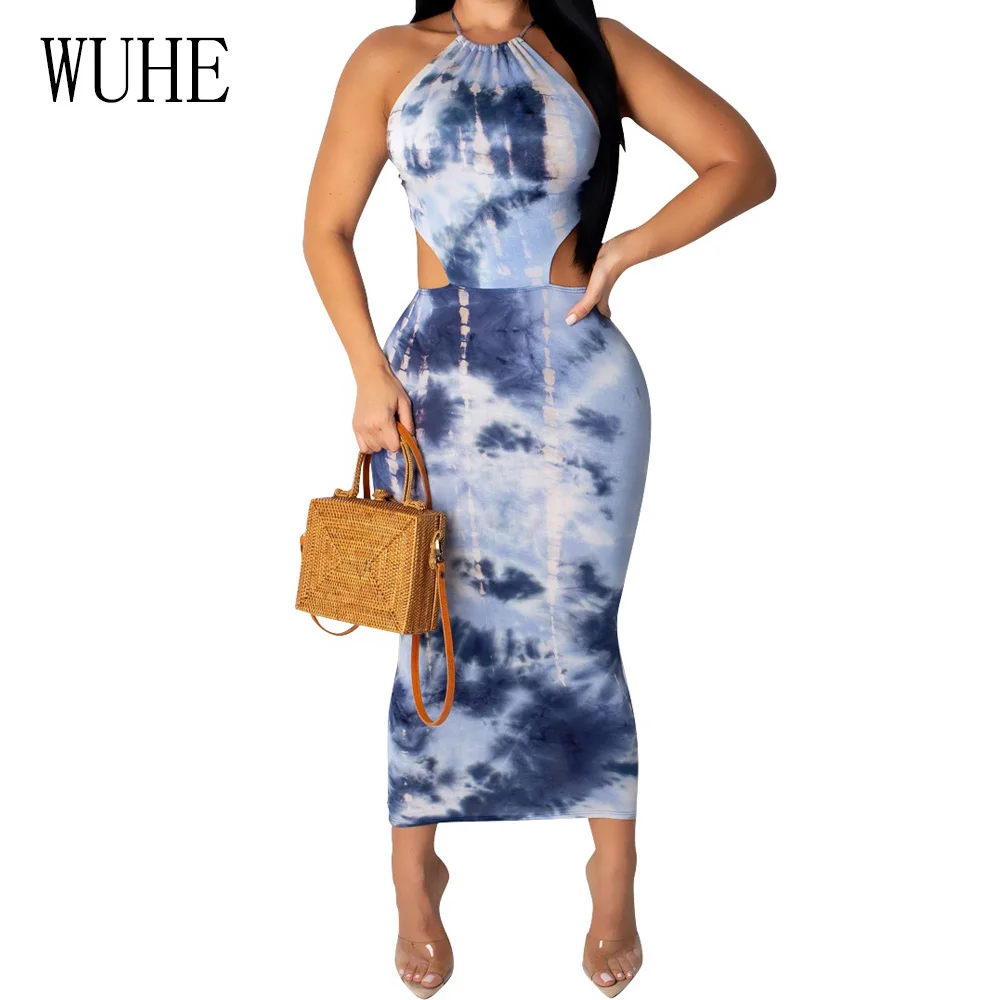 

WUHE Summer Vintage Tie-dyed Printed Halter Party Maxi Dress Elegant Sleeveless Back Lace-up Bodycon Pencil Women Dresses