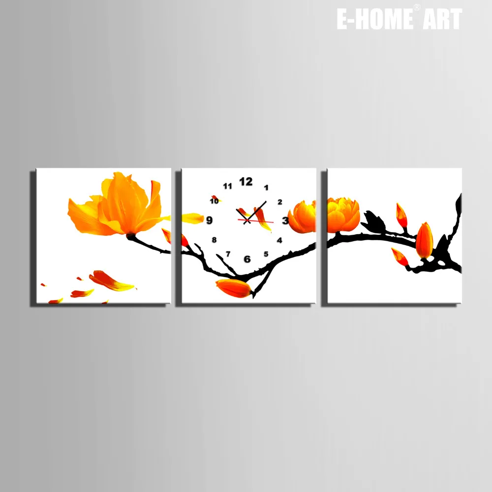 

Free Shipping E-HOME Full of Yellow Flowers Clock in Canvas 3pcs wall clock