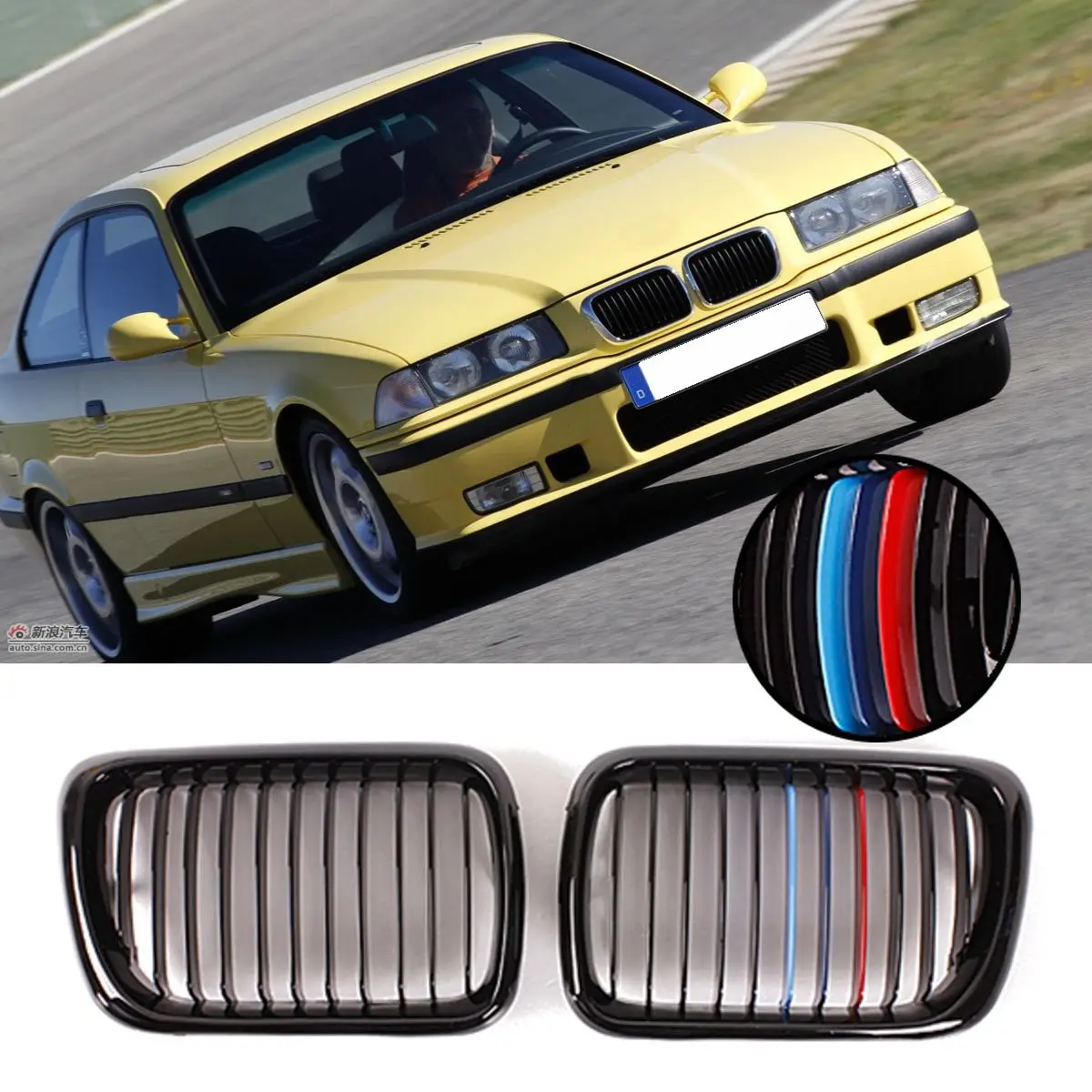 Front Gloss/Matte Black M Style/Chrome Kidney Grille Grill For BMW E36
