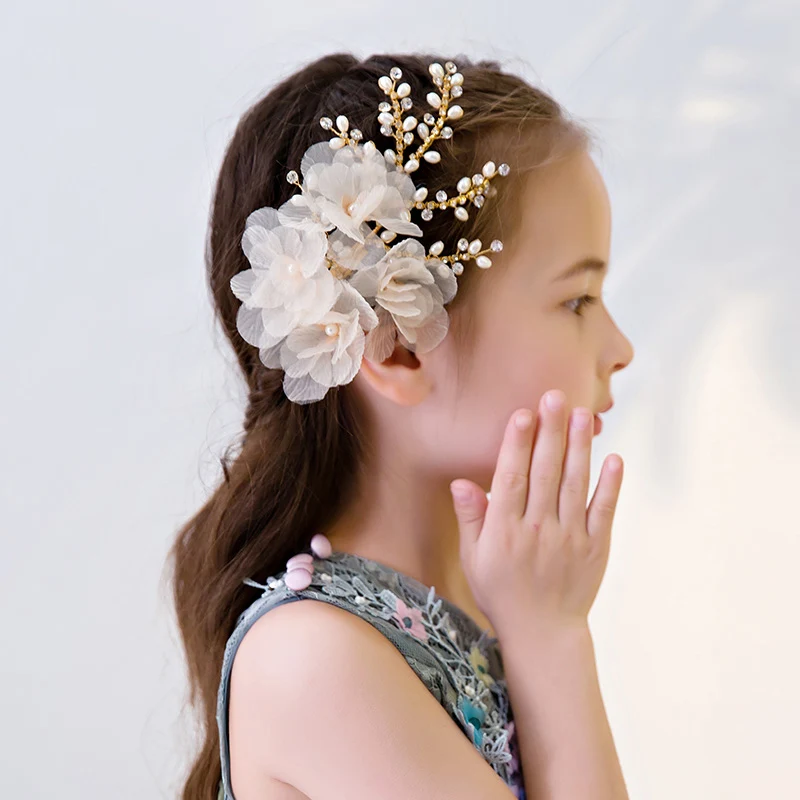 Handmade Yarn Flower Hair Clips Beaded Barrettes Princess Girls