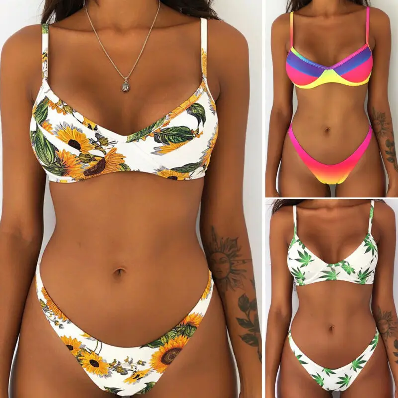 

Women Two-Piece Bikini Set Padded Bra Bandage Push Up Sunflower Swimsuit Triangle Beachwear Bikini 2019