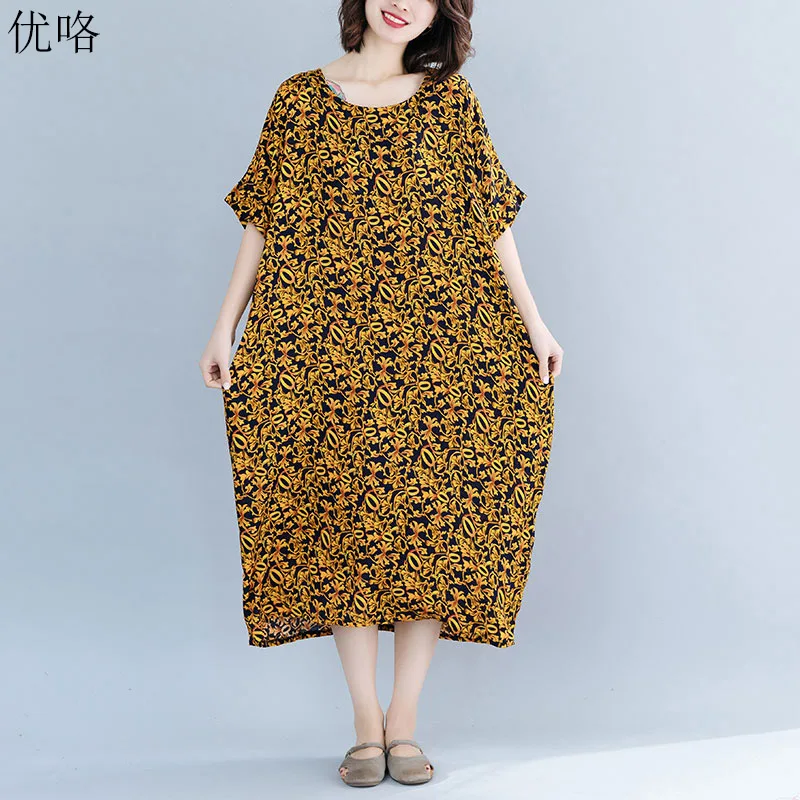 

Vintage Cotton Linen Dress 2019 Summer Fashion Women Plus Size Art Print Beach Dresses Large Size Loose Maxi Dresses 4XL 5XL 6XL