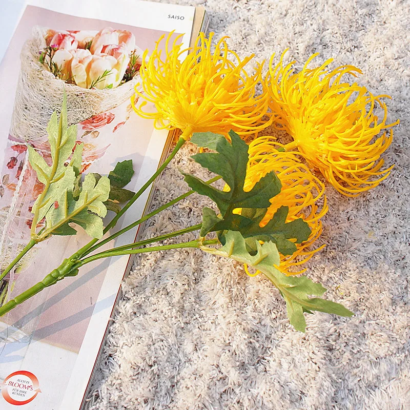 3 головки Золотой хризантемы пластиковые искусственные ветвь цветка для свадьбы дома вечерние Декоративные искусственные цветы - Цвет: Цвет: желтый