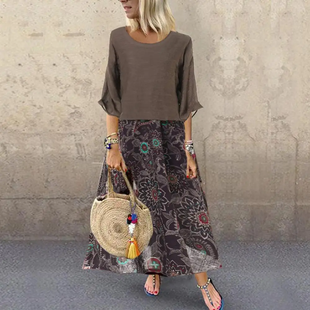 

Floral Women Leisure Loose O-Neck 3/4 Sleeve Vintage Print Casual Long Dress