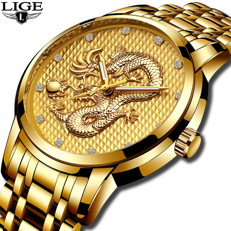 

relogio masculino Genuine LIGE Mens Watches Top Brand Luxury Gold Dragon Sculpture Quartz Watch Men Full Steel Wristwatch +box