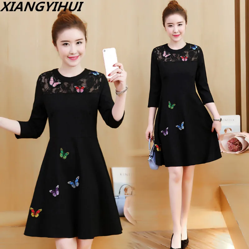 Большой размер 5XL женское кружевное платье с вышитыми бабочками винтажное Цветочное платье-туника платья размера плюс черное платье