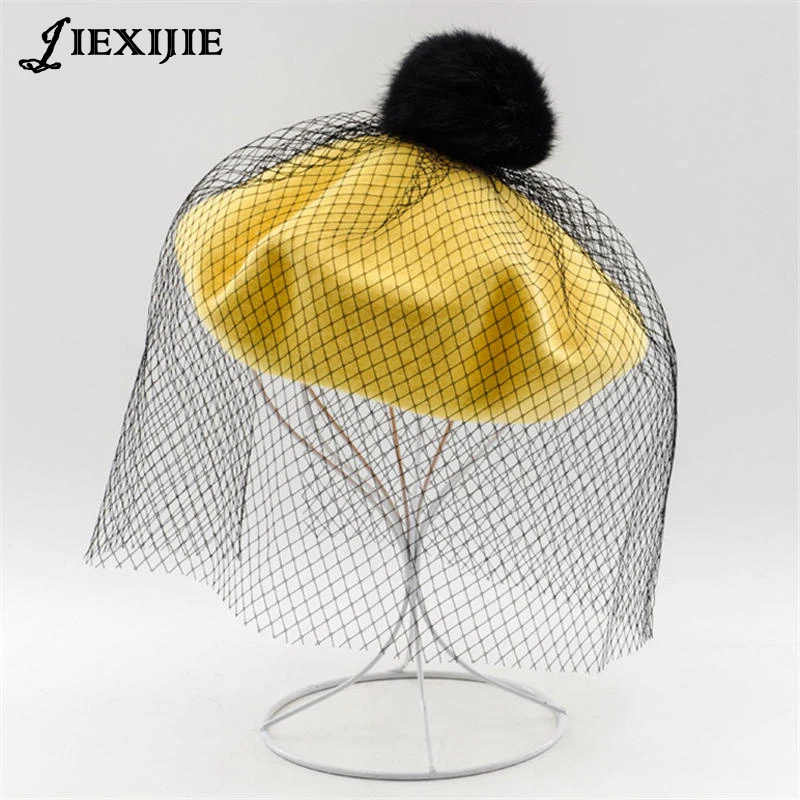 

Women beret hat Rabbit hair ball mesh veil wool beret ladies pompom hat autumn winter solid color top quality painter caps girls