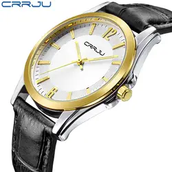 Для мужчин s часы CRRJU лучший бренд класса люкс Ultra Slim дисплей кварцевые мужские часы бизнес черный кожаный ремешок часы для мужчин Relogio Masculino
