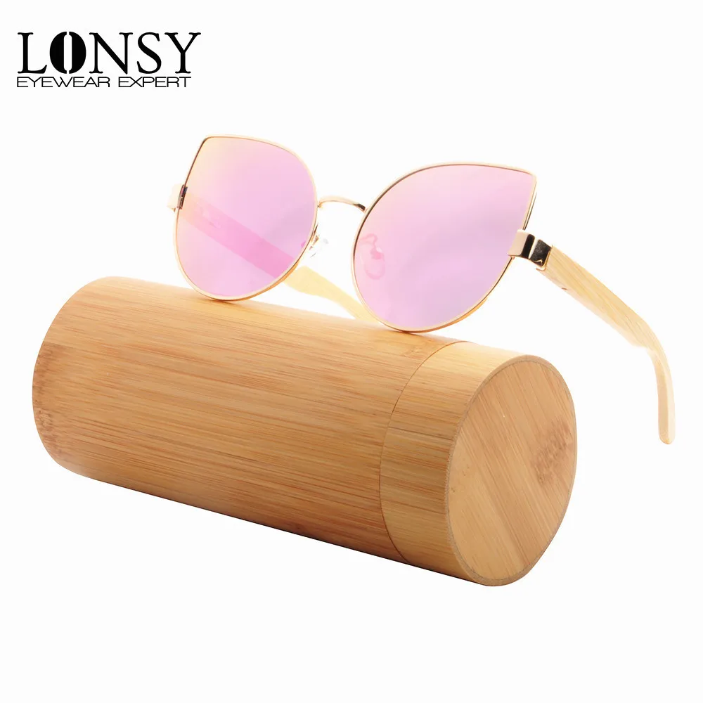 

Fashion Bamboo Wood Cat Eye Sunglasses Women Brand Designer Vintage Retro Pink Mirror Sun Glasses For Female LS5032