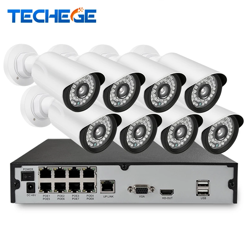 Techege 8CH PoE NVR Recorder System IP Camera 2.0megapixel Onvif p2p cctv camera System 8 Channel 48V real POE NVR CCTV System