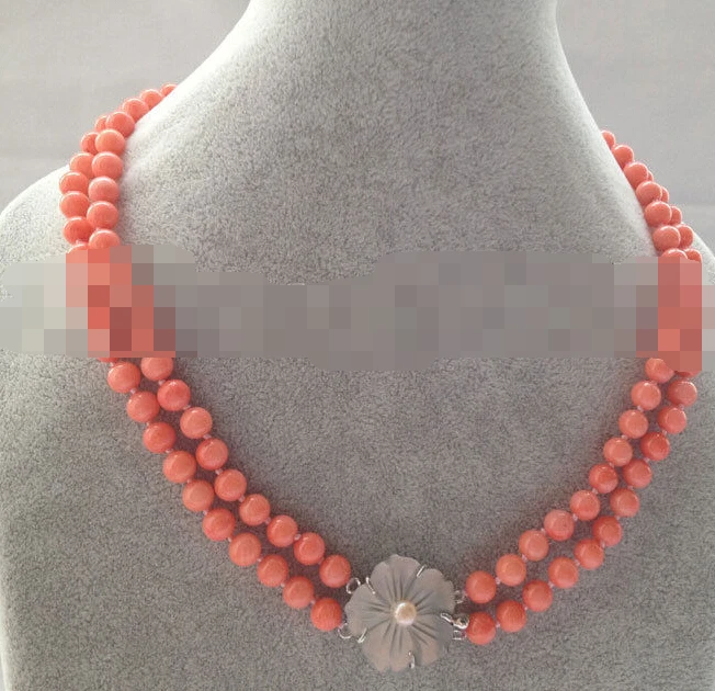 

FREE SHIPPING>@@> 1100 2row round pink coral necklace - shell clasp