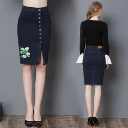Floral embroidered denim skirt high waist split knee length plus size button skirts blue black S-6XL skirts womens Floral embroidered denim skirt high waist split knee length plus size button skirts blue black S-6XL skirts womens