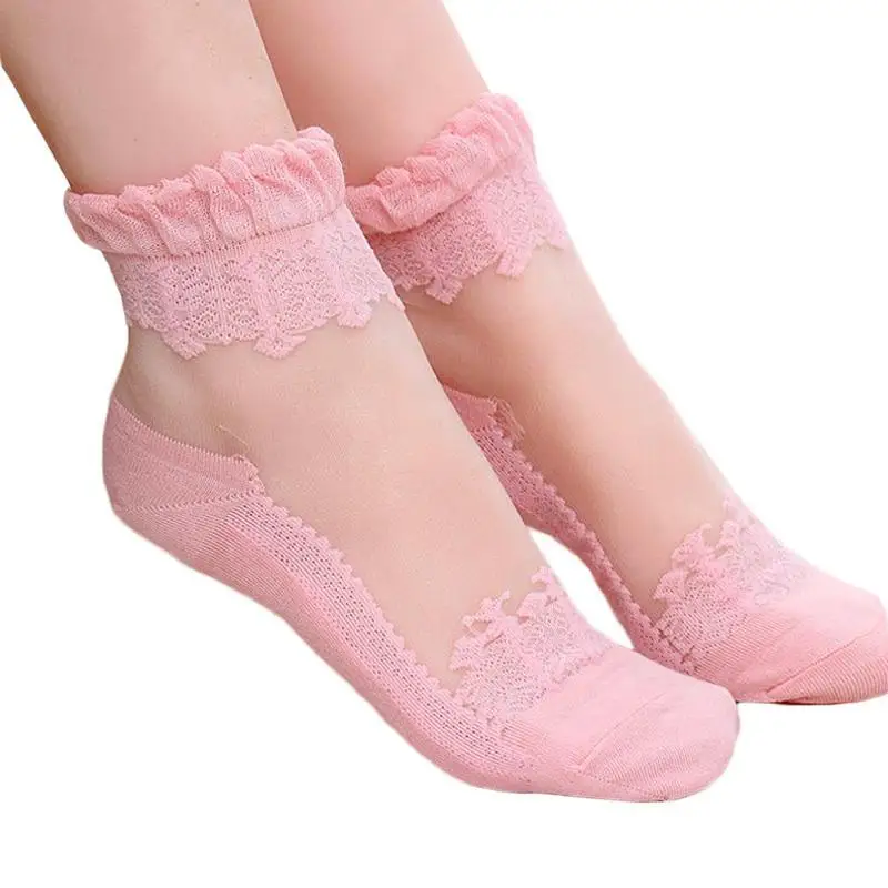 3 Pairs Women Lace Ruffle Ankle Sock Soft Comfy Sheer Silk Cotton