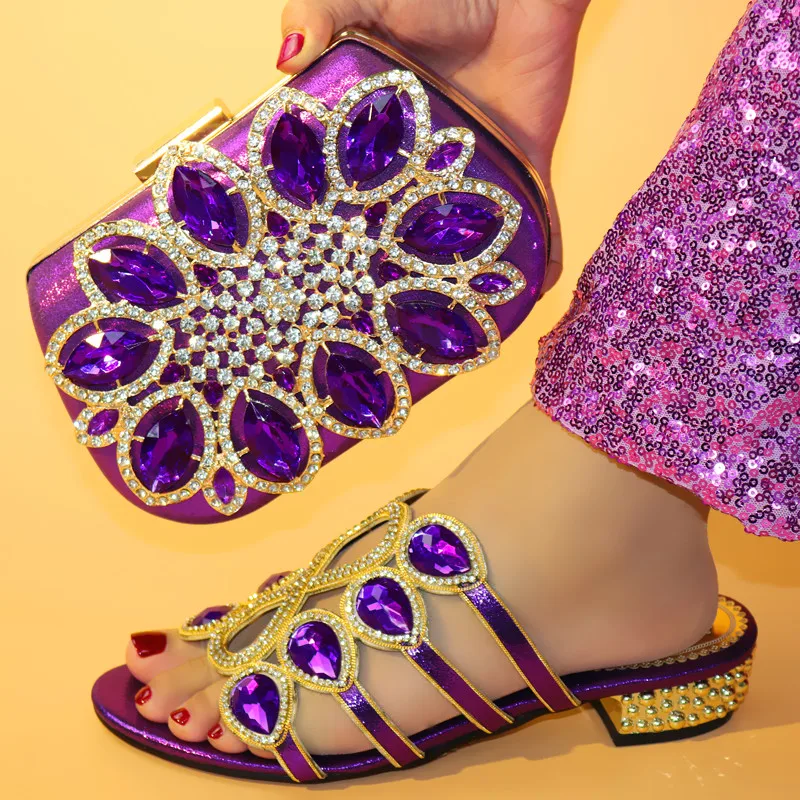 

Purple Color Shiny Crystal New Fashion Italian Shoes With Matching Bag African High Heel Women Shoes and Bags Set For Prom Party