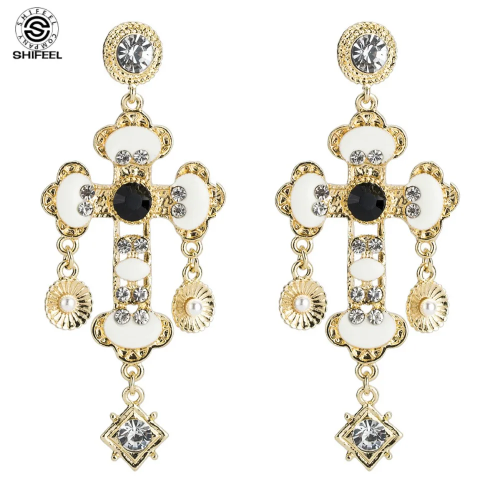 

New Euramerican Palace Vintage Pop Baroque Style Brand Jewelry Rhinestone Gem Cross Earrings Pendientes Women's Accessories
