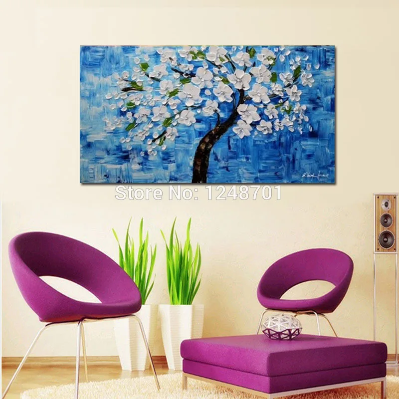 

Handpainted Knife Palette Oil Paintings white Flower Canvas Art Abstract Tree Picture Modern Wall Decoration For Home
