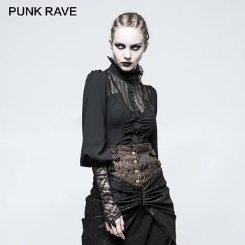 

PUNK RAVE Women Gothic Steampunk Long Sleeve Blouse Fashion Lace Perspective Sexy Blouse Shirt Stripe Chiffon Ladies Tops Shirt