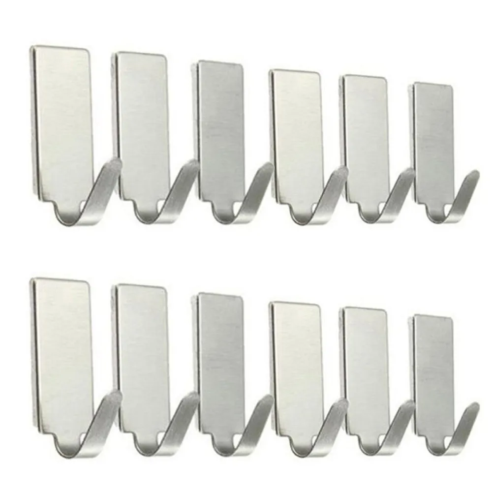 

12PCS Self Adhesive Storage Rack Hooks Home Kitchen Wall Door Stainless Steel Holder Hook Hanger Glass Wood Surface Sticker Hook