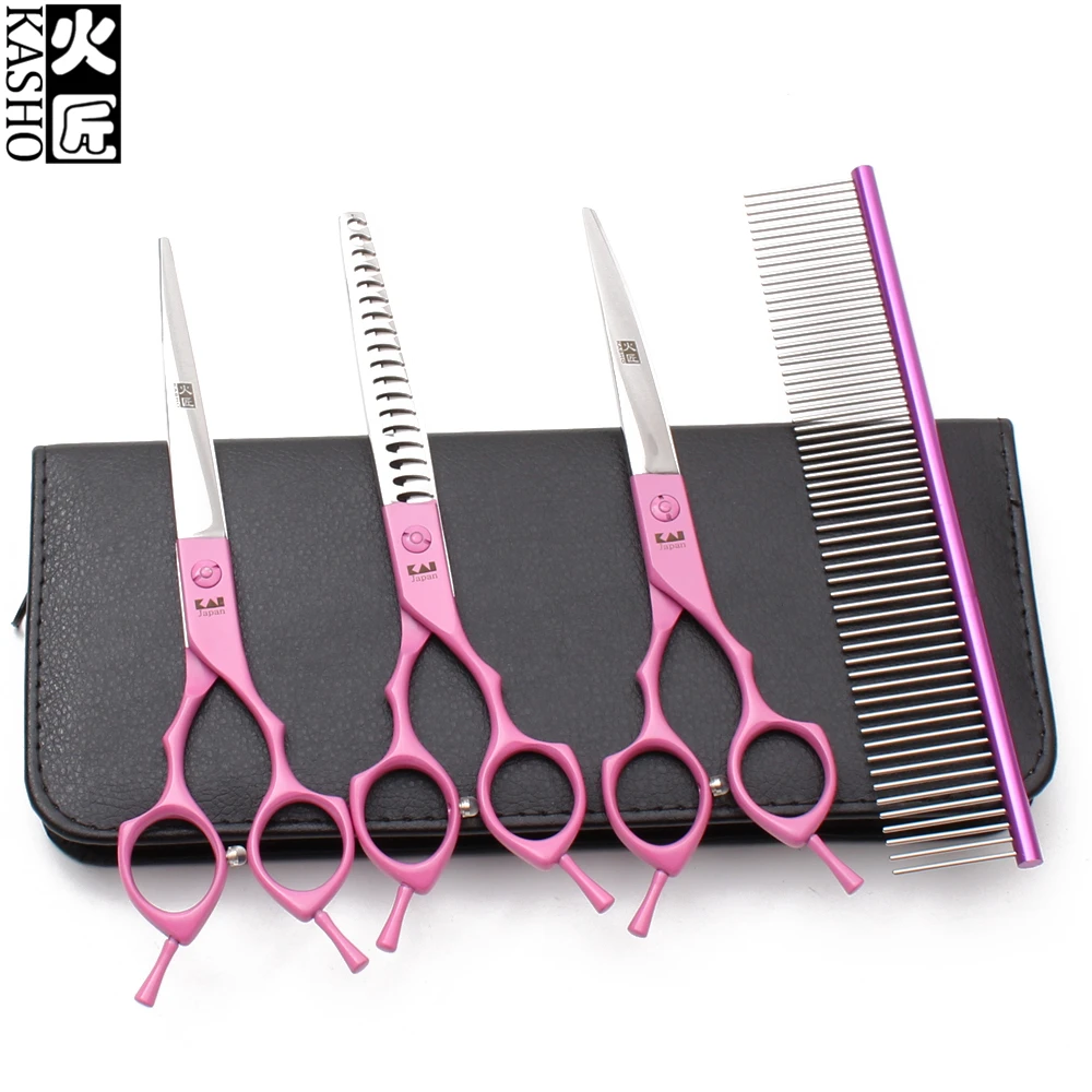 

6.5" 440C Kasho Pink Color Grooming Shears Cutting Scissors Thinning Shears Dog Curved Shears Professional Pet Shears Set H3009
