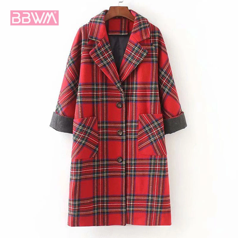 Koop Prachtige vrouwen 2018 winter nieuwe hit kleur plaid wollen jas in de lange losse casual vrouwen jas Enkele breasted revers rood