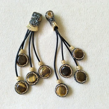 

5Pcs Natural Tiger'S eye Stone Pendants,Crystal Rhinestone Paved Leather Tassel Charms Jewelry necklace making P237