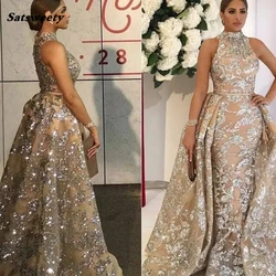 2021 Saudi Arabic Long Crystal Mermaid Formal High Collar Prom Party Gowns Luxury Sparkle With Train Evening Dresses